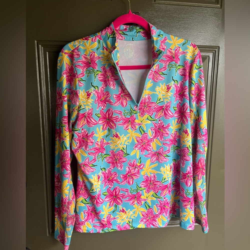 X by Gottex Floral Long Sleeve Sunshirt, Quarter Zip, Mesh Underarms